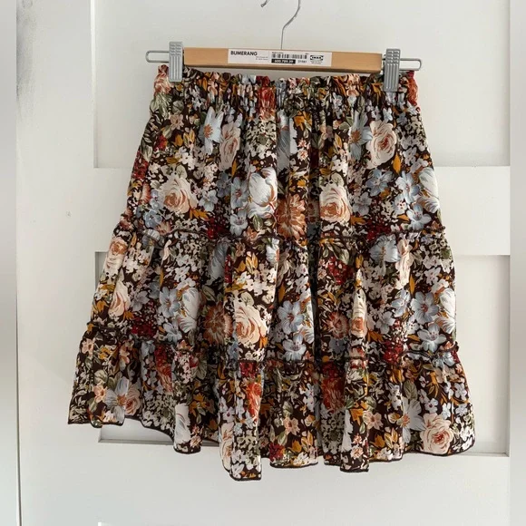 Brown Multicolour Floral Tiered Mini skort size S - Picture 3 of 4
